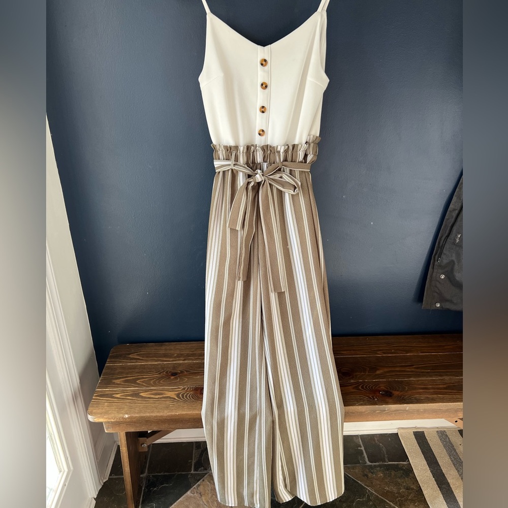 Sage green striped wide legged jumpsuit